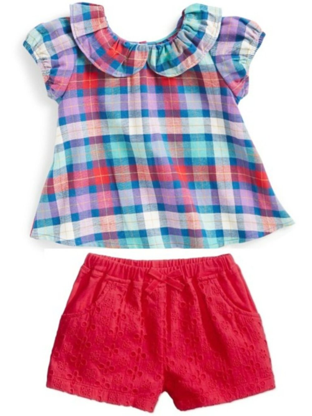 NWT. FIRST IMPRESSIONS Girls 2-Pc Set. Plaid Top & Red Shorts